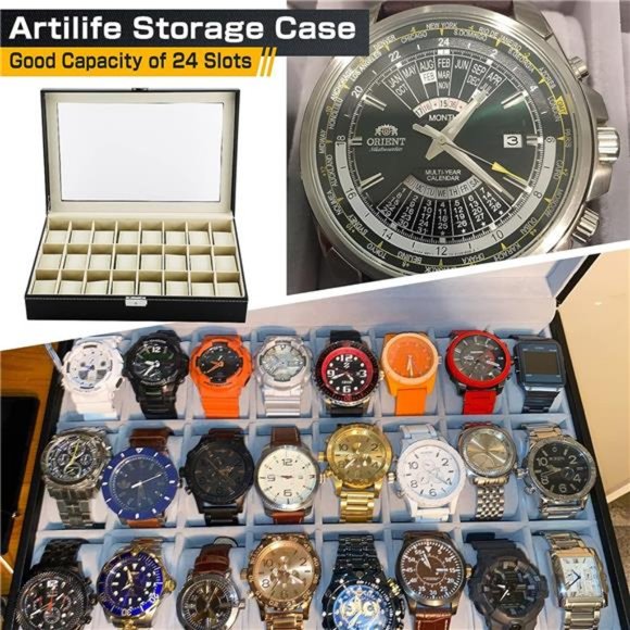 24 Slots Watch Display Case Glass Top, PU Leather Jewelry Case, Removable Pillow - Picture 3 of 6